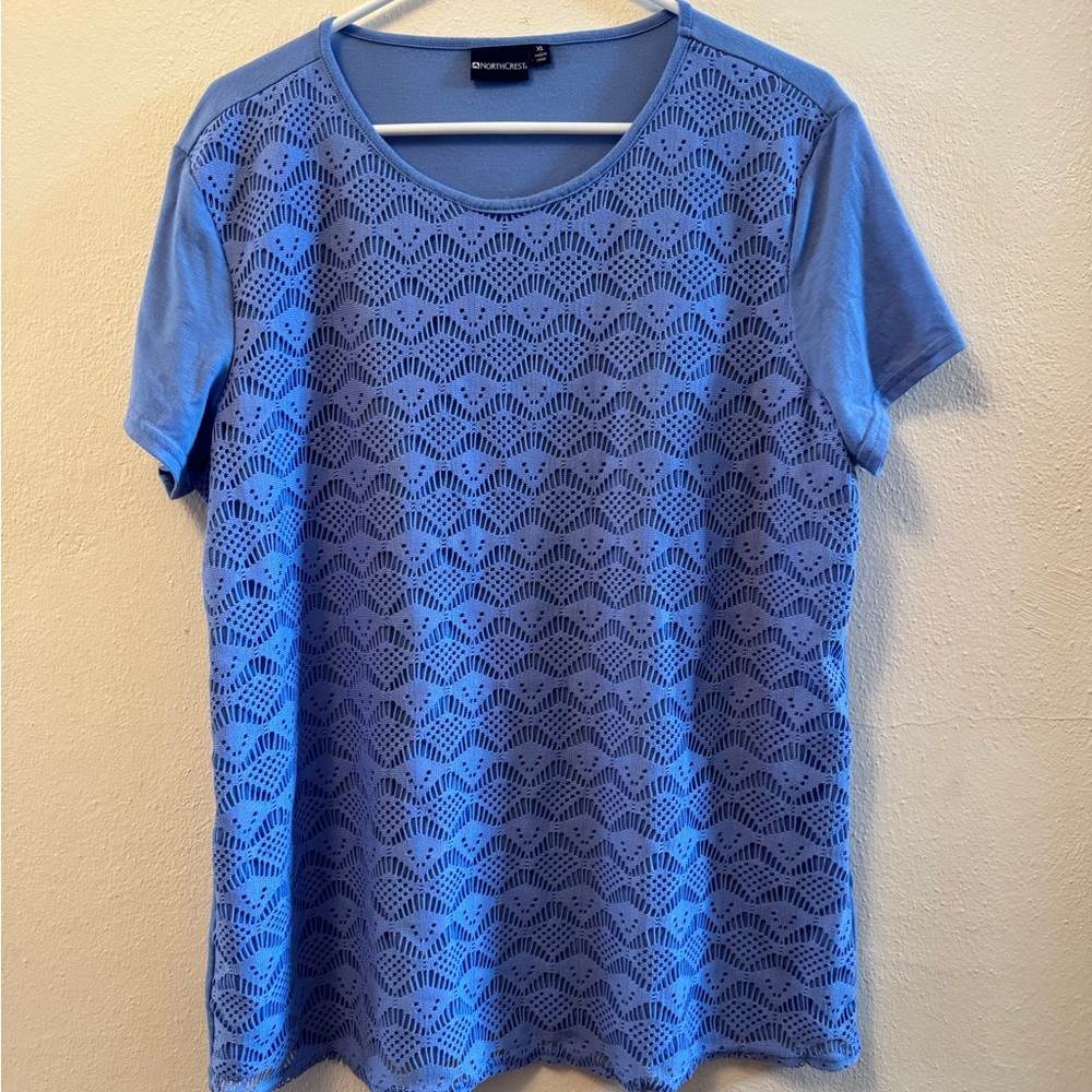 NorthCrest Blue Lace Overlay Geometric Eyelet Crew Neck Top XL Short Sleeve